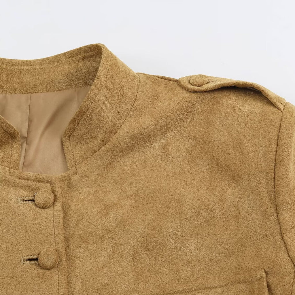 Women's Tailored Velour Jacket in Field Style with Stand-Up Collar and Chest Flaps Fashion Glam