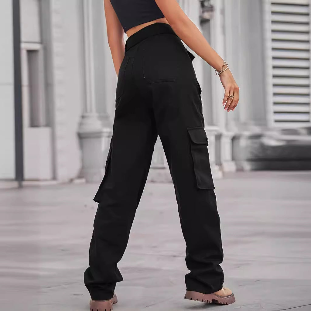 Ladies cargo pants with high waist, tie belt, and multiple flap pockets Fashion Glam
