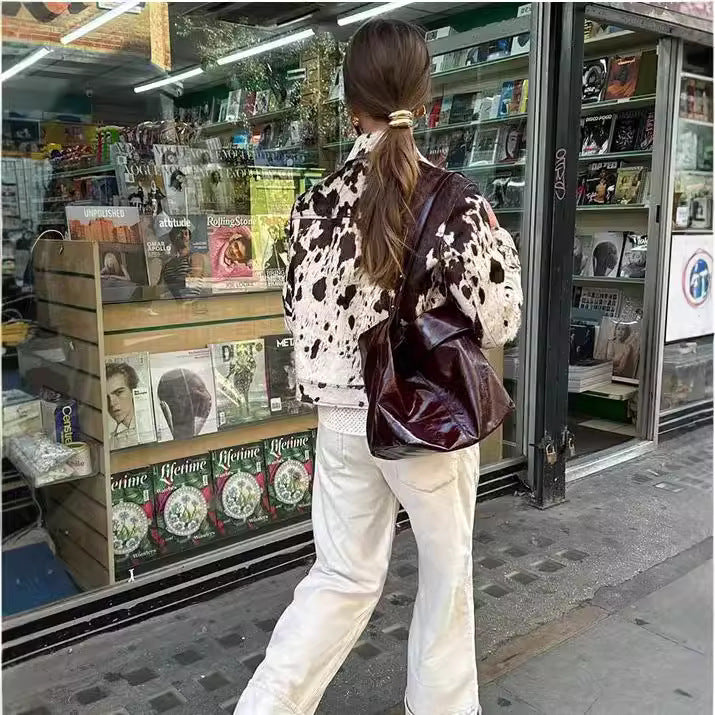 Ladies short-cut western trucker jacket with cow spot look and applied chest pockets Fashion Glam