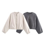 Women Short Wool Look Cropped Jacket with Zipper, Round Neck and Balloon Sleeves Fashion Glam