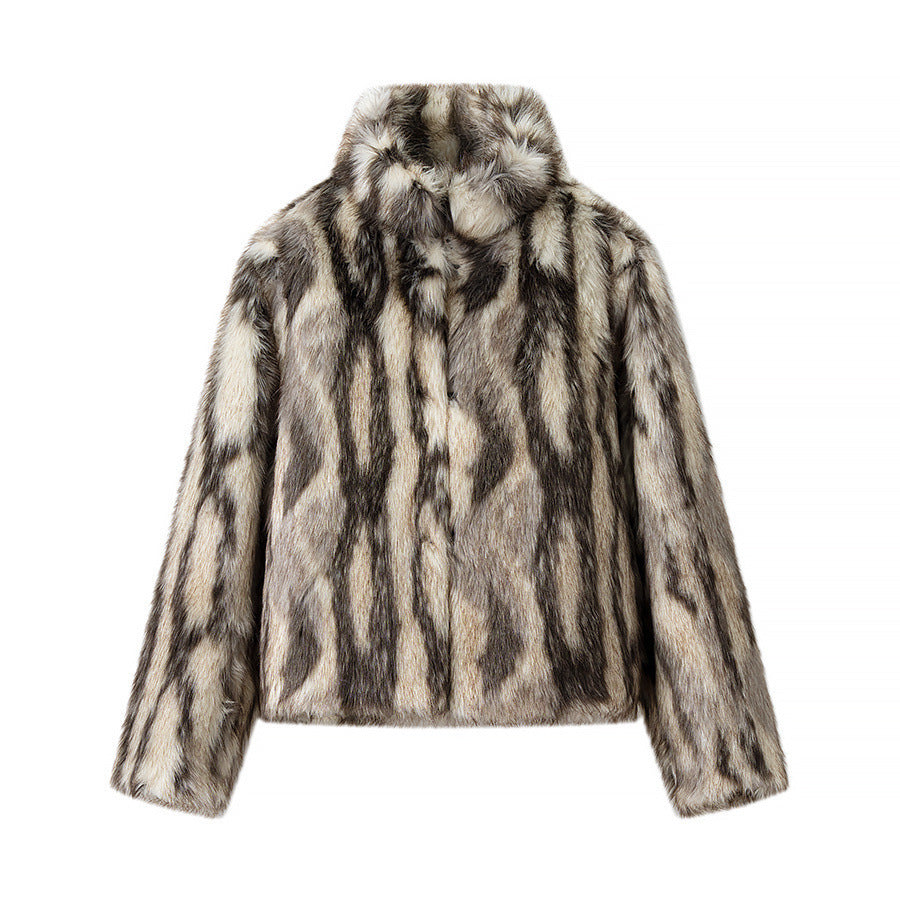 Women's Short Cut Faux Fur Jacket with Contrasting Spot Pattern and Stand Collar Fashion Glam