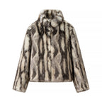 Women's Short Cut Faux Fur Jacket with Contrasting Spot Pattern and Stand Collar Fashion Glam