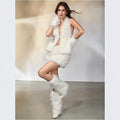 Women's Sleeveless Cropped Faux Fur Set with Mini Skirt and Fluffy Cuffs Fashion Glam
