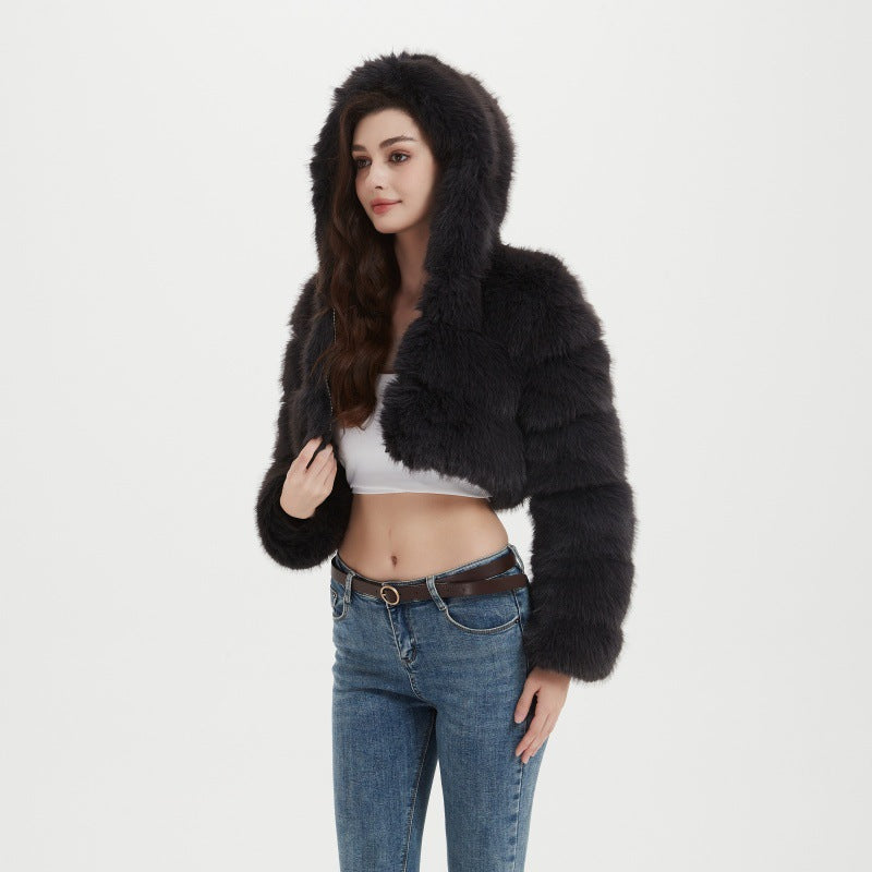 Women Cropped Hooded Jacket made of long-fiber Faux Fur with horizontal volume sections Fashion Glam