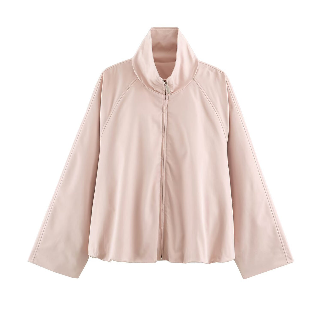Women's Oversized Training Jacket with High Stand Collar, Raglan Sleeves, and Concealed Zipper Fashion Glam