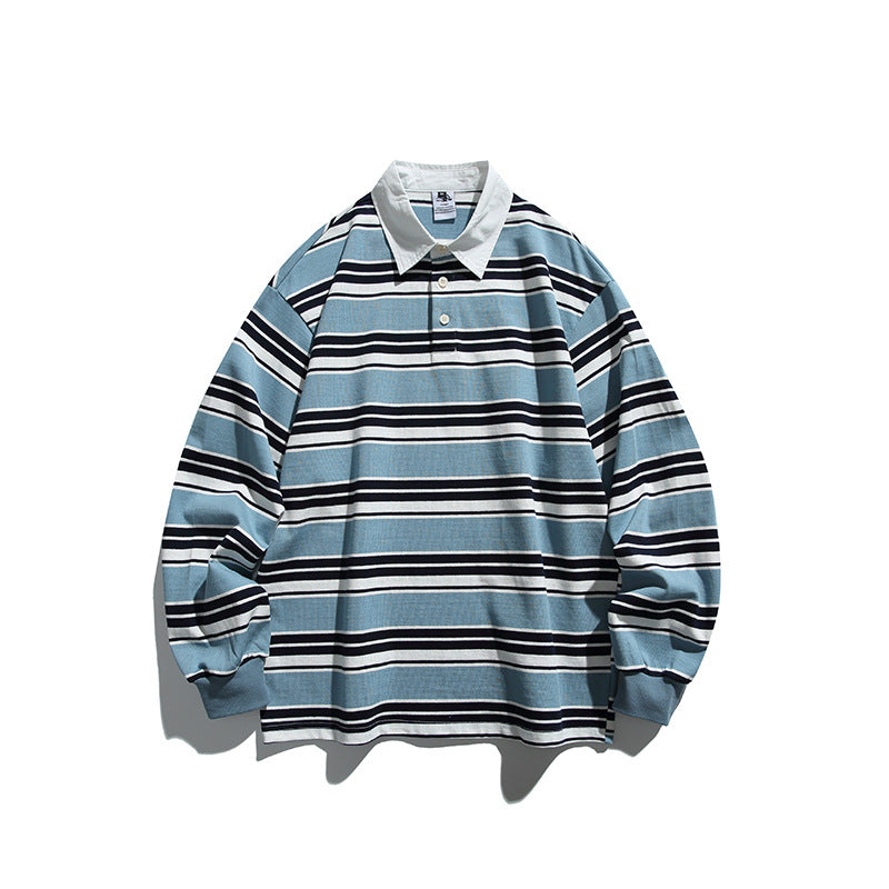 Unisex Oversize-Long Sleeve-Rugby Shirt with Contrast Collar and Distinctive Striped Pattern Fashion Glam