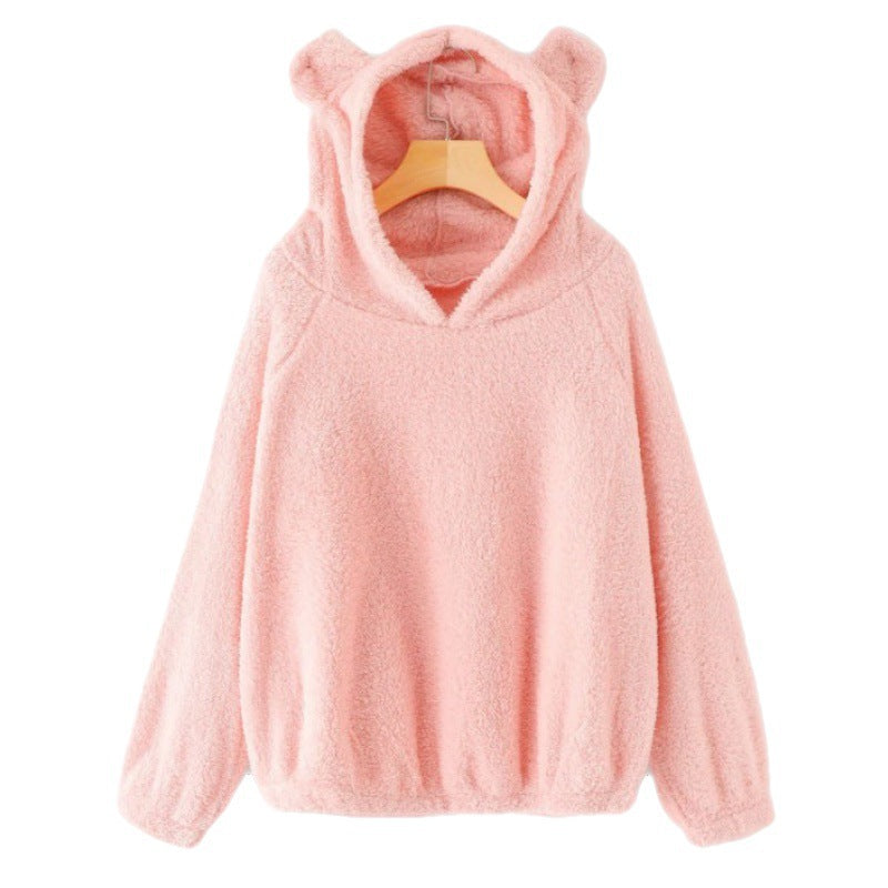 Women's Cozy Teddy Hooded Sweater with Bear Ears and Drawstring Hem Fashion Glam