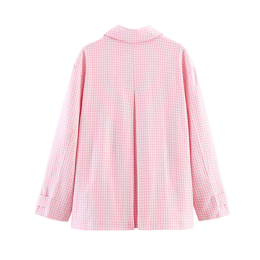 Women's Boxy Transitional Jacket with Check Pattern, Shirt Collar and Patch Pockets Fashion Glam