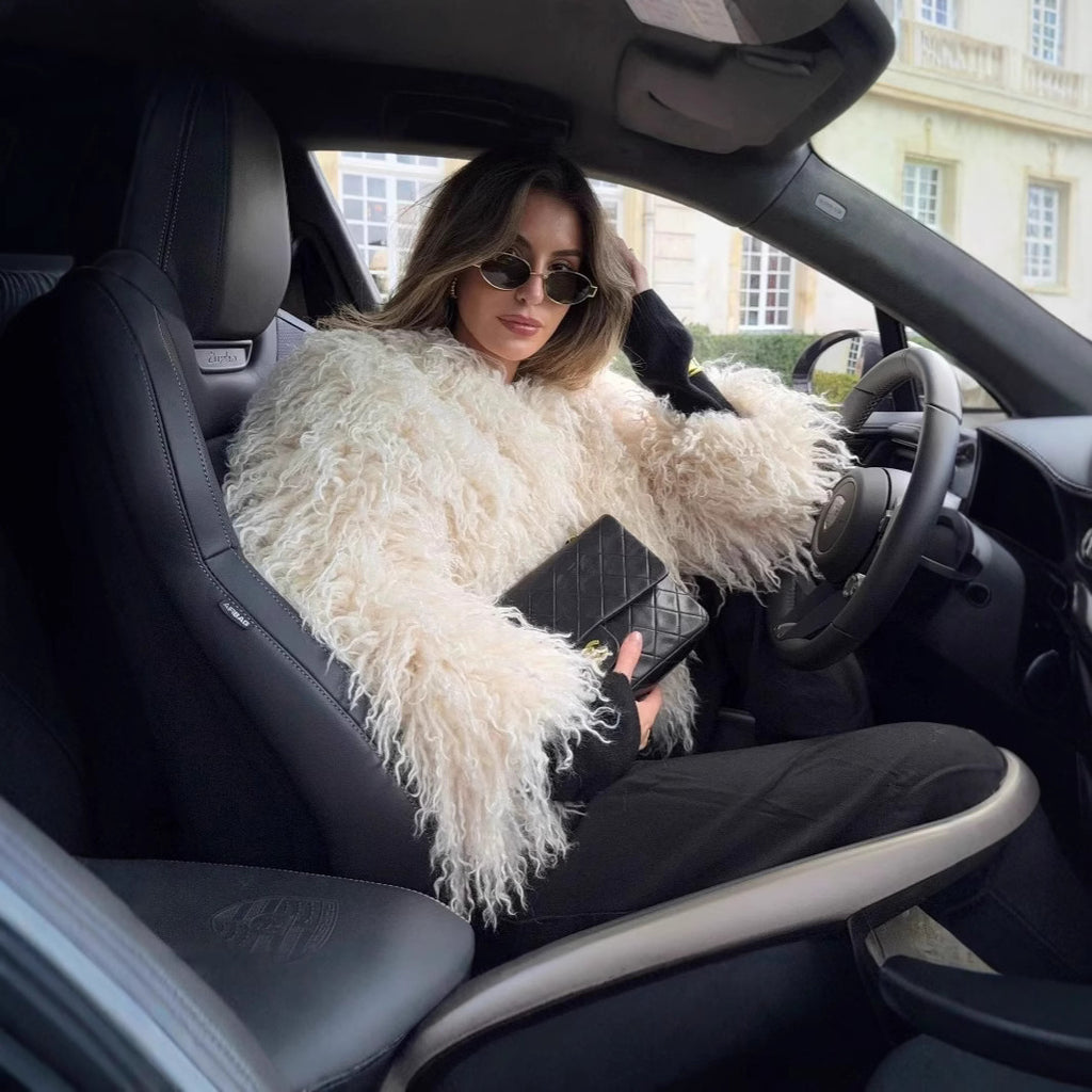 Women's Short-Cropped Bolero Jacket made of Long-Fiber Synthetic Fur with Shaggy Texture Fashion Glam