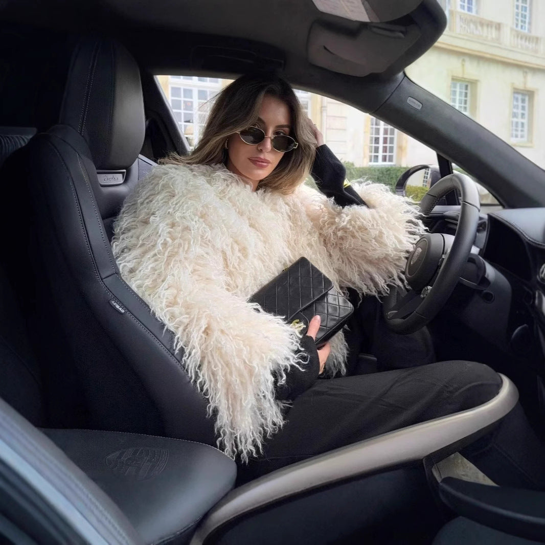 Women's Short-Cropped Bolero Jacket made of Long-Fiber Synthetic Fur with Shaggy Texture Fashion Glam