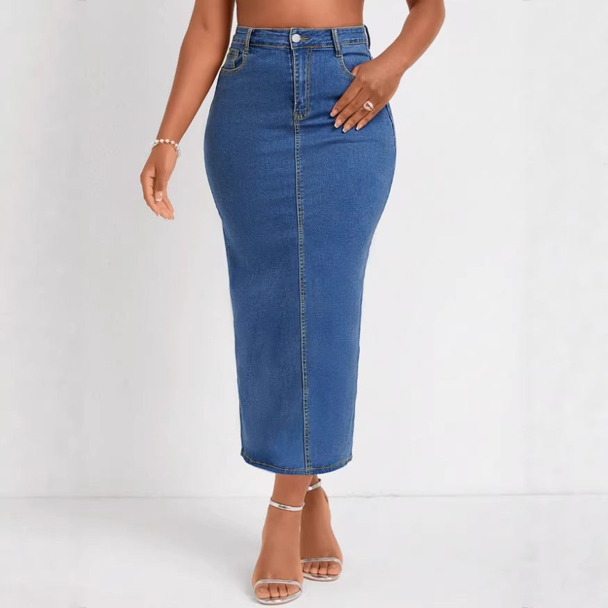 Women High-Waisted Stretch Denim Midi Skirt with Visible Center Seam and Five-Pocket Design Fashion Glam