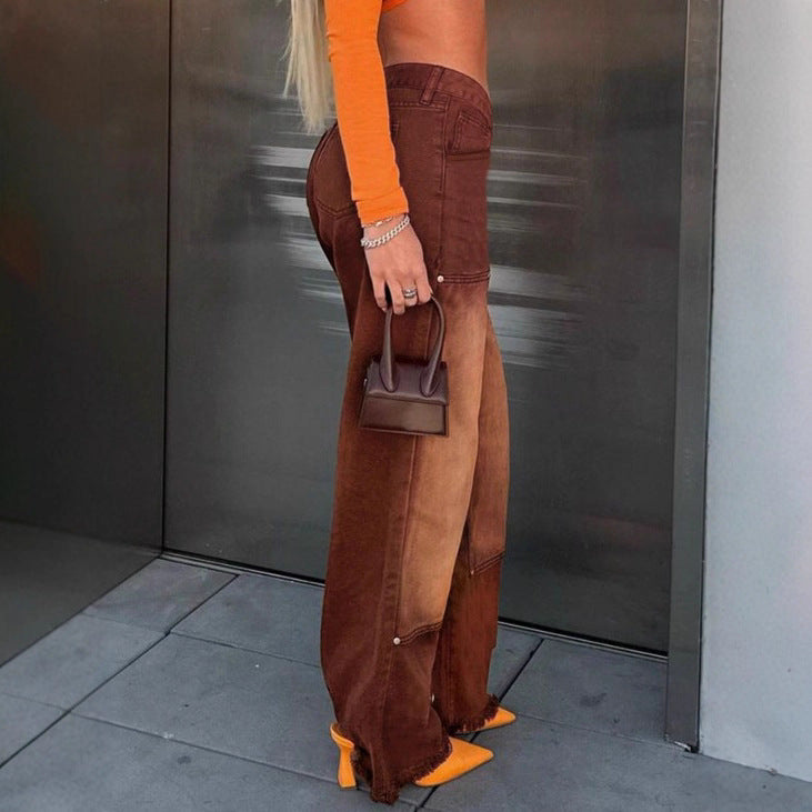 Women wide patchwork jeans with high waist and frayed hem Fashion Glam