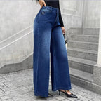 Women High-Waist Denim Palazzo Pants with Flowing A-Line and Wide Leg Fashion Glam