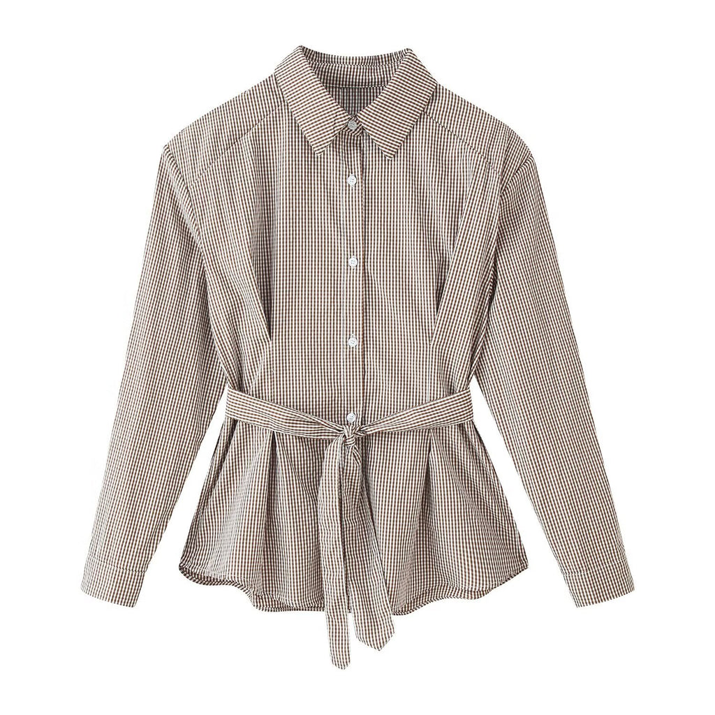 Women Tailored Shirt Dress with Check Pattern and Tied Belt Fashion Glam