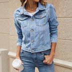 Ladies short-cut tailored denim jacket in trucker style Fashion Glam