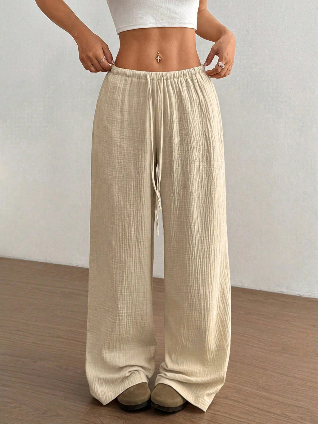 Women Lightweight Linen Look Pants with Wide Leg, Elastic Waistband and Drawstring Fashion Glam