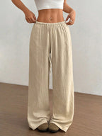 Women Lightweight Linen Look Pants with Wide Leg, Elastic Waistband and Drawstring Fashion Glam