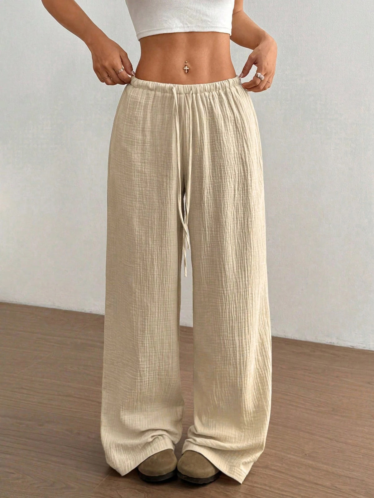 Women Lightweight Linen Look Pants with Wide Leg, Elastic Waistband and Drawstring Fashion Glam
