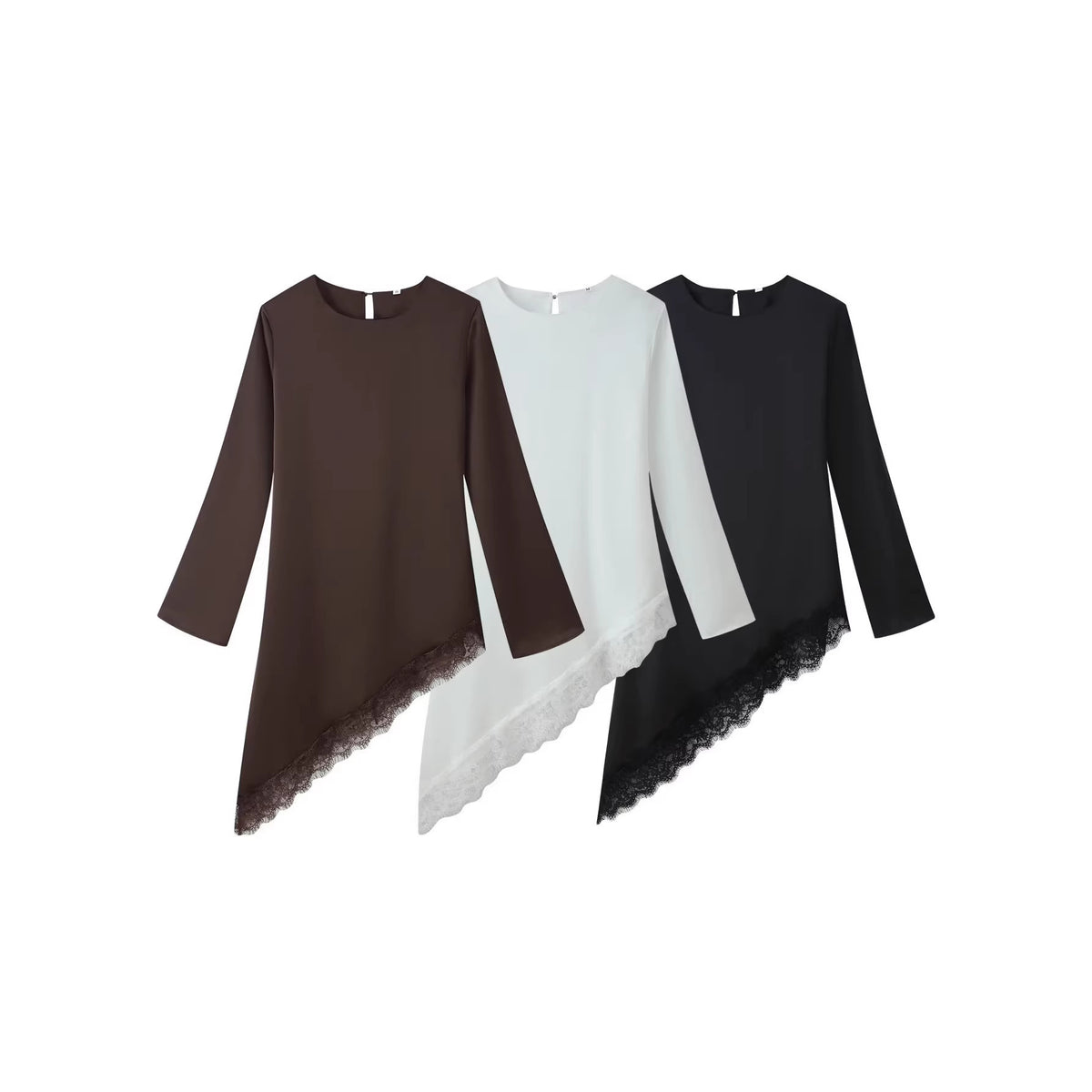 Women's Asymmetrical Long Sleeve Tunic with Lace Trim and Asymmetrical Hem Fashion Glam