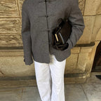 Women's Oversize Wool Blend Jacket with Mandarin Collar and Toggle Closures Fashion Glam