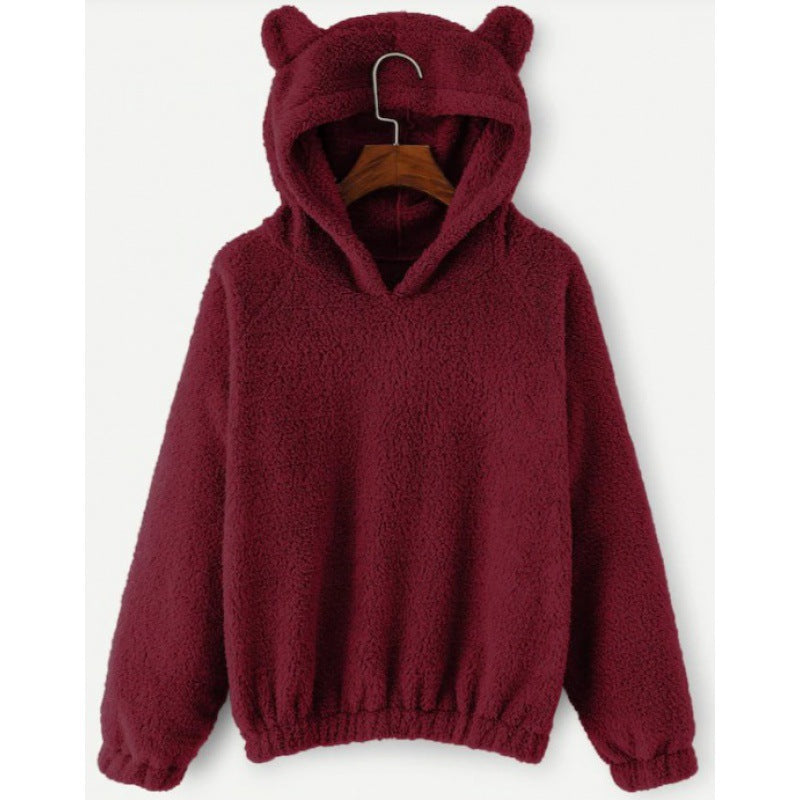 Women's Cozy Teddy Hooded Sweater with Bear Ears and Drawstring Hem Fashion Glam