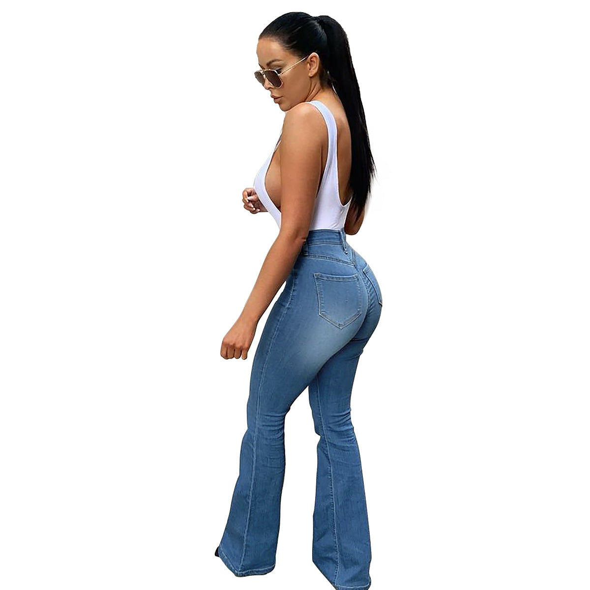 Women's High-Waisted Stretch Jeans with Flared Leg and Figure-Flattering Fit Fashion Glam