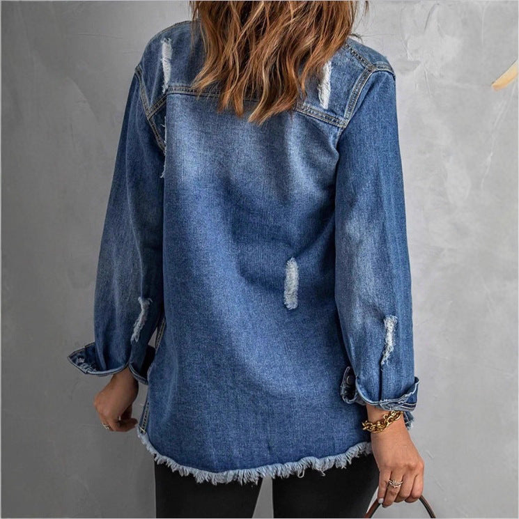 Women Casual Oversized Denim Jacket with Destroyed Details, Shirt Collar and Fringed Hem Fashion Glam
