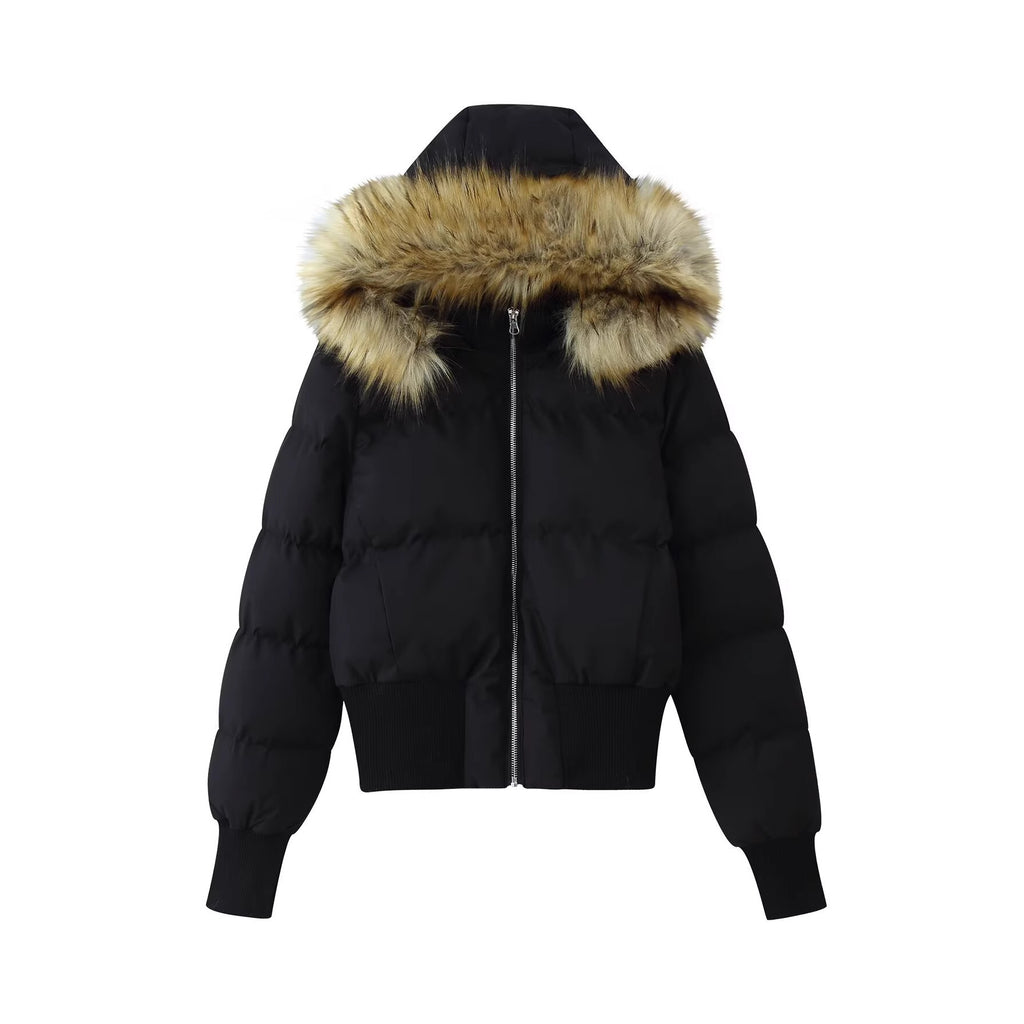 Women's Padded Cropped Bomber Jacket with Hood and Removable Faux Fur Trim Fashion Glam