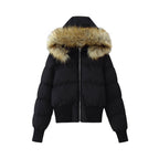 Women's Padded Cropped Bomber Jacket with Hood and Removable Faux Fur Trim Fashion Glam