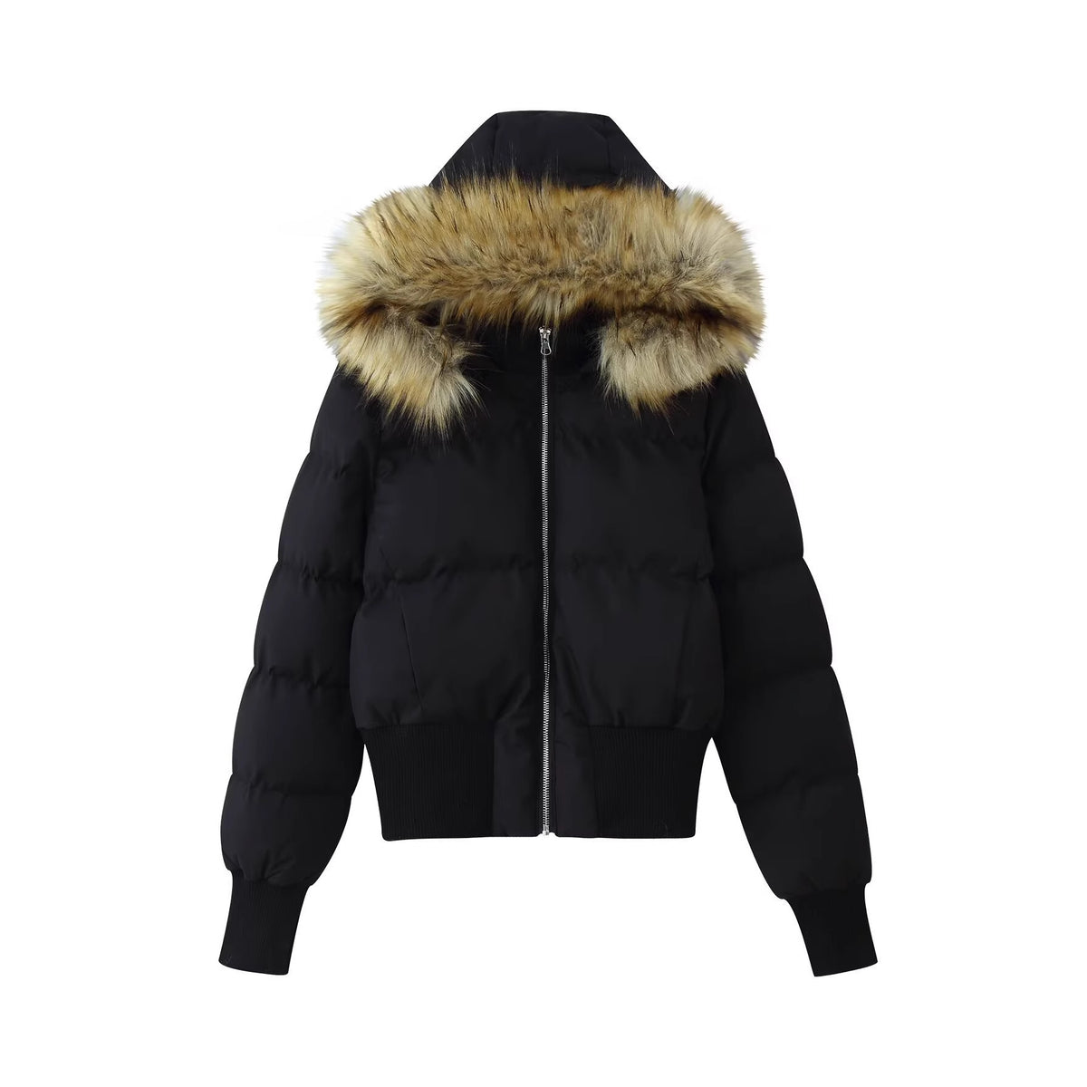 Women's Padded Cropped Bomber Jacket with Hood and Removable Faux Fur Trim Fashion Glam