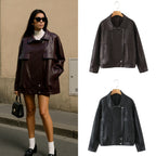 Women's Oversized Faux Leather Blouson Jacket with Asymmetric Zipper and Flap Pockets Fashion Glam
