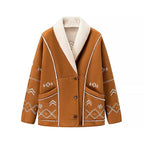 Ladies short cut lamb fur imitation jacket with large shawl collar and ornamental embroidery Fashion Glam