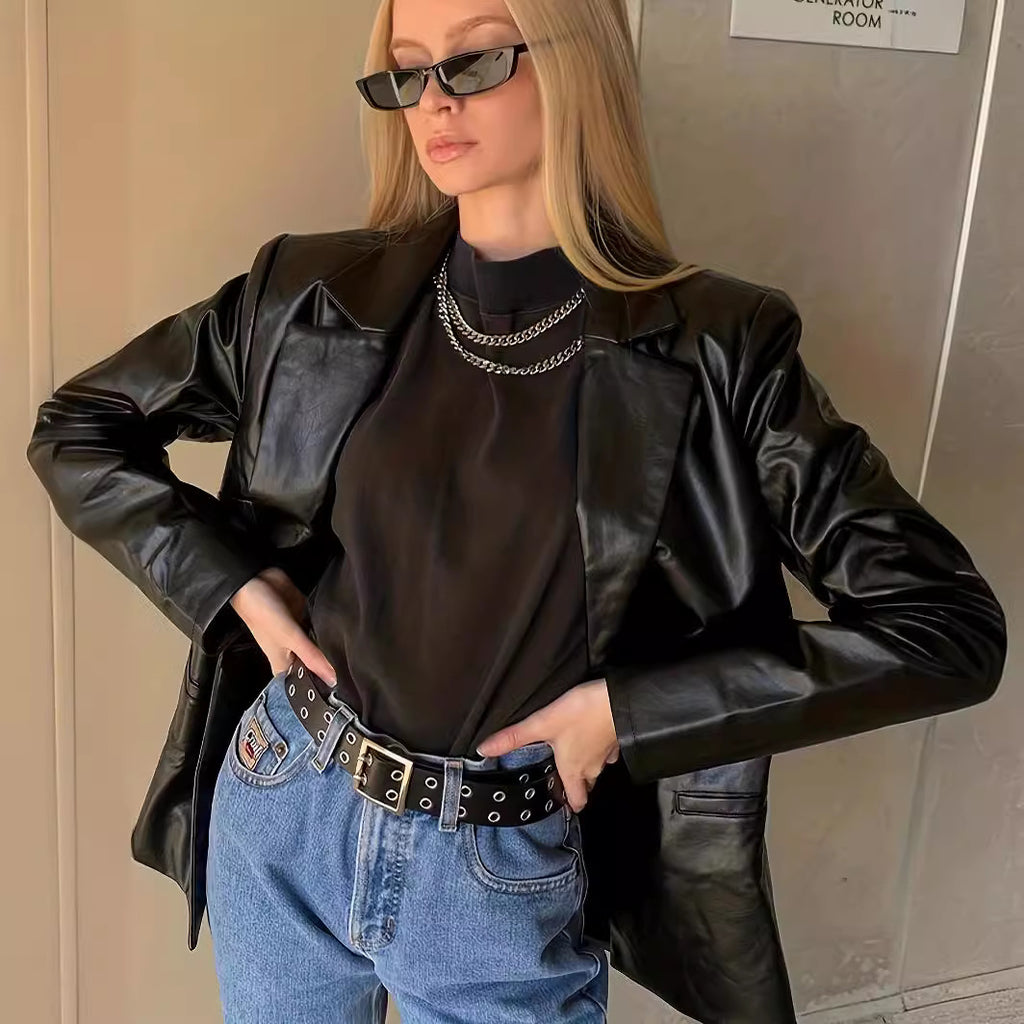 Women Oversized Blazer in Leather Look with Structured Shoulders Fashion Glam