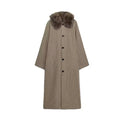 Ladies Long Glencheck Coat with Voluminous Faux Fur Collar and Straight Cut Fashion Glam