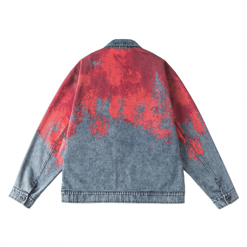 Unisex Oversize Denim Jacket with Gradient Print, Zipper and Shirt Collar Fashion Glam