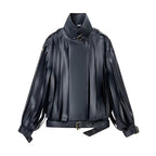 Ladies faux leather fringed biker jacket with standing collar and waist belt Fashion Glam