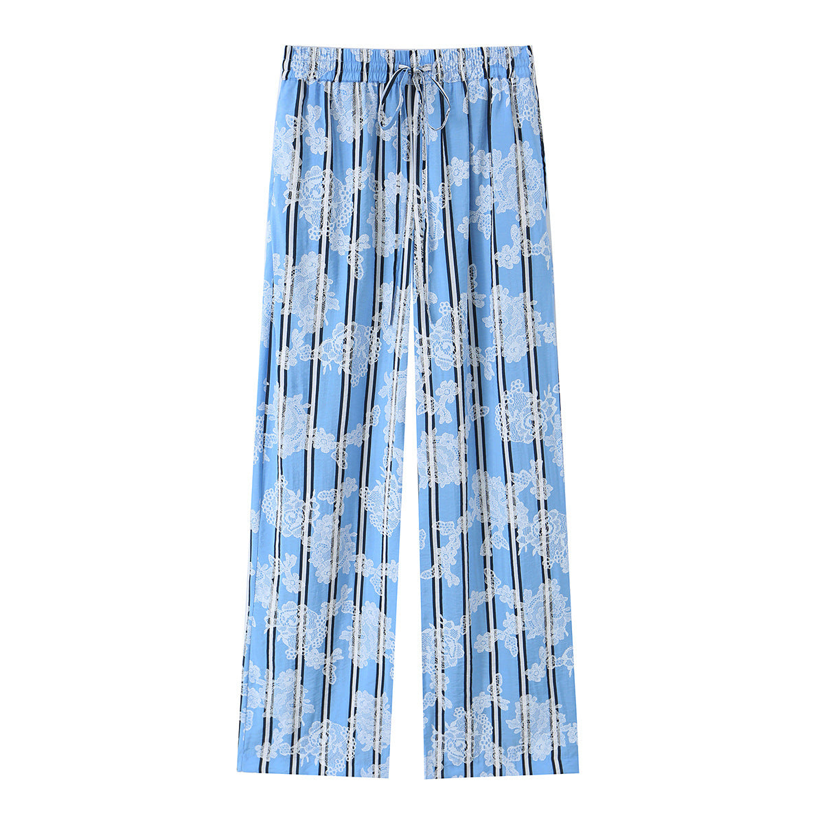 Women's wide palazzo pants with elastic drawstring waistband and floral lace look Fashion Glam