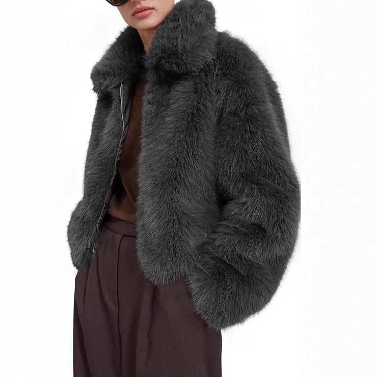 Women Short Boxy Faux Fur Pilot Jacket with Dense High Pile and Wide Lapel Fashion Glam