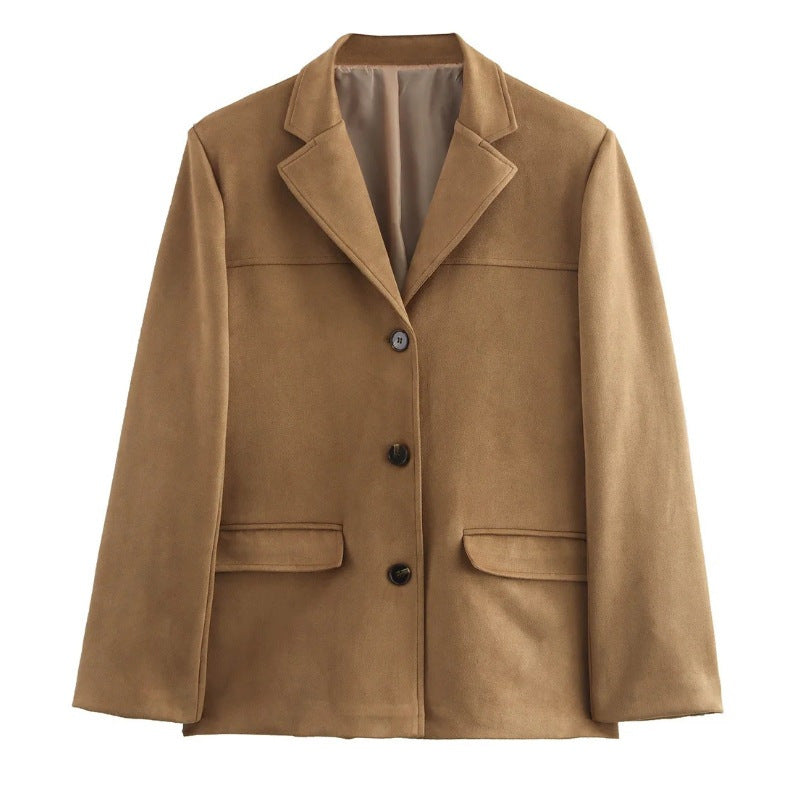 Women's short coat in blazer style made of suede imitation with lapel collar and patch pockets Fashion Glam