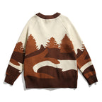 Unisex Chunky Knit V-Neck Cardigan with Landscape Jacquard Pattern and Patch Pockets Fashion Glam