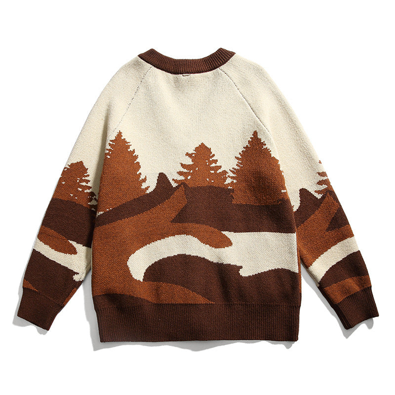 Unisex Chunky Knit V-Neck Cardigan with Landscape Jacquard Pattern and Patch Pockets Fashion Glam