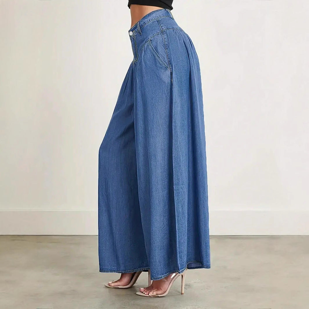 Women High-Waisted Denim Palazzo Pants with Gathered Box Pleat and Extra Wide Leg Fashion Glam