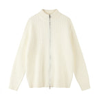 Unisex Boxy Cardigan with Cable Pattern, Stand-up Collar and Two-way Zipper Fashion Glam