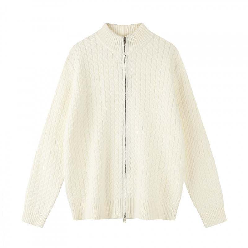 Unisex Boxy Cardigan with Cable Pattern, Stand-up Collar and Two-way Zipper Fashion Glam