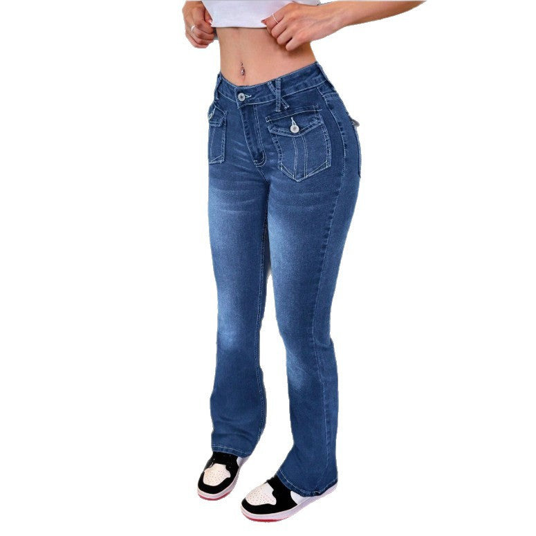 Women's High-Waisted Stretch Jeans with Light Flare and Decorative Pockets Fashion Glam