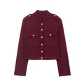Women's Short Cut Military Inspired Wool Jacket with Stand-Up Collar, Epaulettes and Gold Button Details Fashion Glam