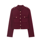 Women's Short Cut Military Inspired Wool Jacket with Stand-Up Collar, Epaulettes and Gold Button Details Fashion Glam