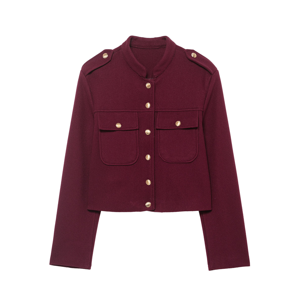 Women's Short Cut Military Inspired Wool Jacket with Stand-Up Collar, Epaulettes and Gold Button Details Fashion Glam