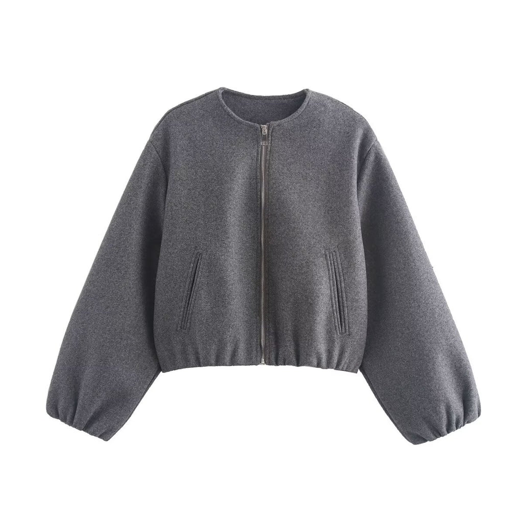 Women Short Wool Look Cropped Jacket with Zipper, Round Neck and Balloon Sleeves Fashion Glam