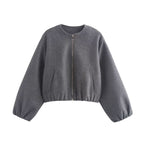 Women Short Wool Look Cropped Jacket with Zipper, Round Neck and Balloon Sleeves Fashion Glam